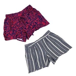 (2) Terra & Sky Shorts 1X Floral Red & Striped Blue Pockets Stretch Waistband